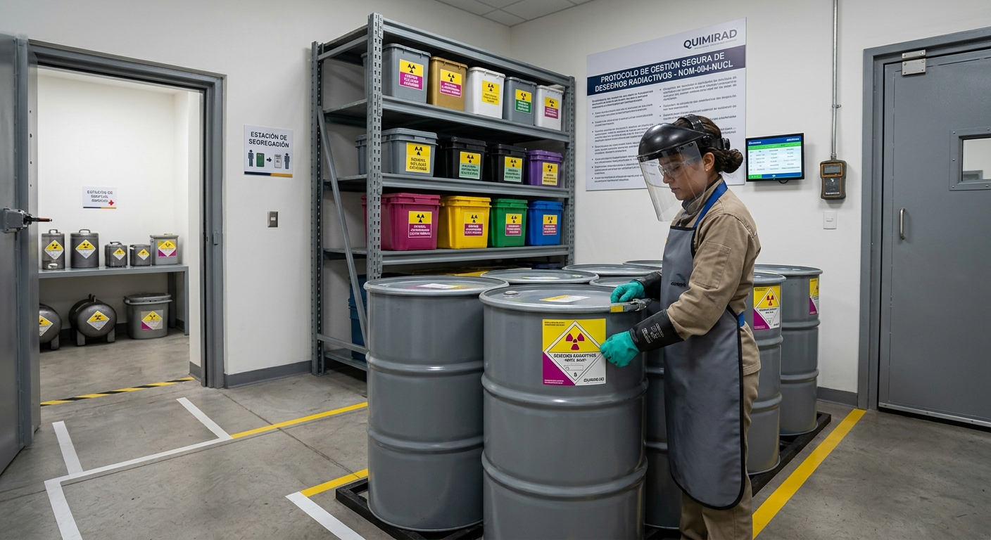 Especialista en gestión de desechos radiactivos etiquetando contenedores en un almacén bajo norma NOM-004-NUCL